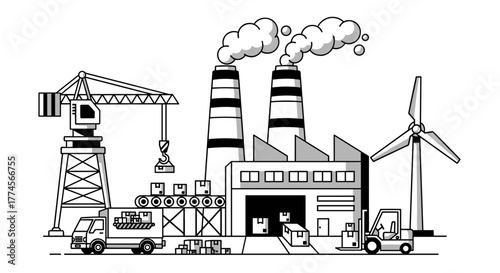 Industrial facility illustration production logistics shipping energy pollution and sustainability