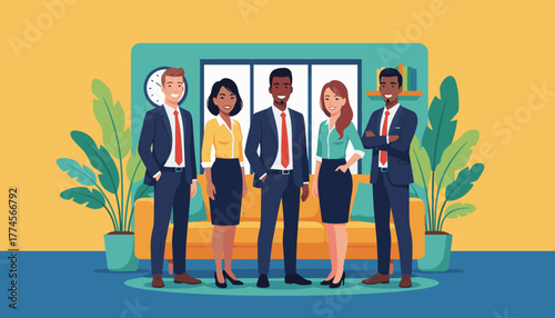 Diverse business professionals team standing together in a modern colorful office lobby vector illustration
