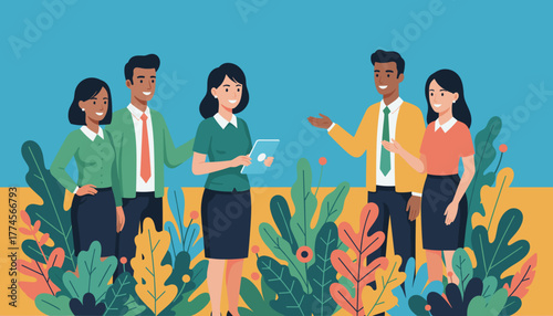 Illustration of a diverse business group collaborating in a vibrant natural setting