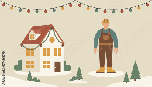 Construction worker outside a festive home in winter housing repair and holiday service illustration