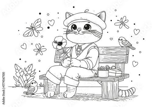 A romantic cat in a cap sits on a bench holding a flower. Coloring page for children and adults. Black and white illustration for coloring.