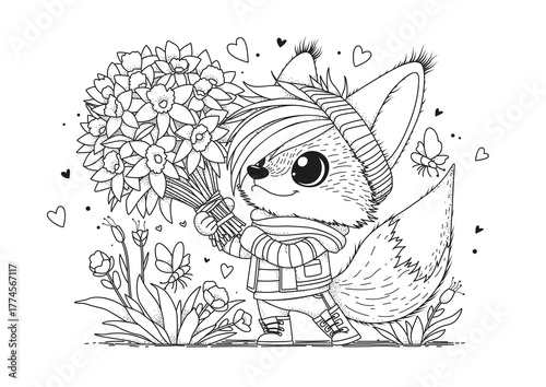 A cute fox walks holding a large bouquet of daffodils. This coloring page is for children and adults. Black and white illustration for coloring.
