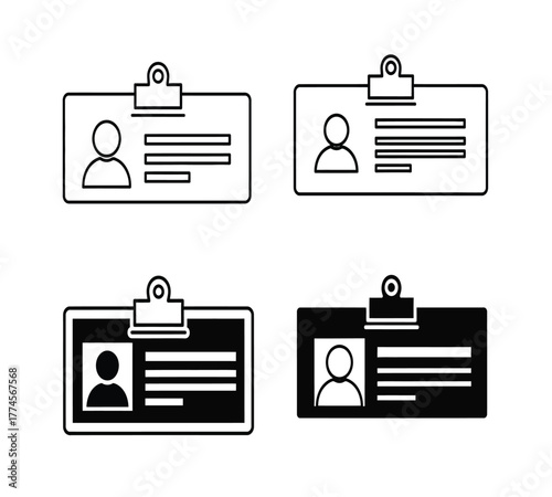 Identification card icons isolated on white background, presenting various designs of employee badges with placeholders for photo and personal information