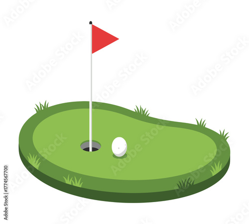 Golf ball on the green near the hole with a red flag isolated on white background, representing the sport of golf and the challenge of putting