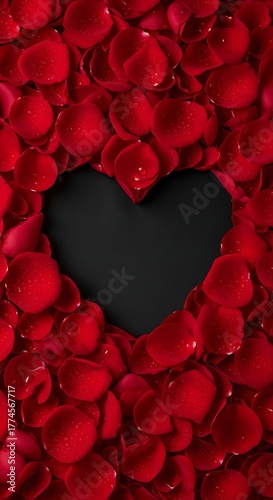 A black heart shape is surrounded by a bed of vibrant red rose petals.