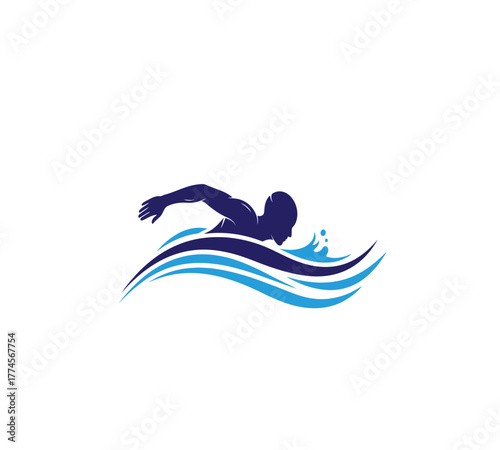 A swimmer in silhouette swims freestyle in blue water isolated on white background