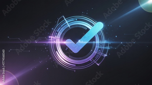 Neon cyber checkmark in futuristic HUD circle, digital verification tick, security compliance approved.
