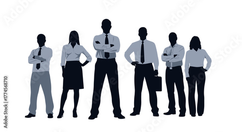 Business Team Silhouette – Six Confident Professionals in Corporate Attire on White Background