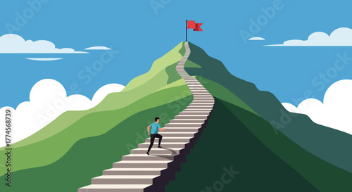 Climbing Staircase to Mountain Summit with Red Flag Symbolizing Achievement