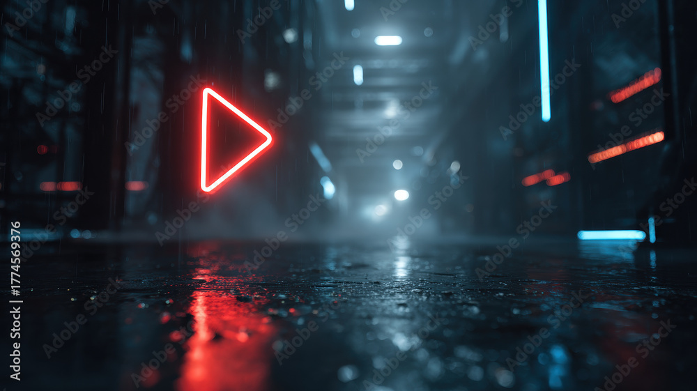 Naklejka premium Minimalist Cyberpunk Scene With Red Neon Play Triangle Floating Over Wet Street Atmospheric Fog Background