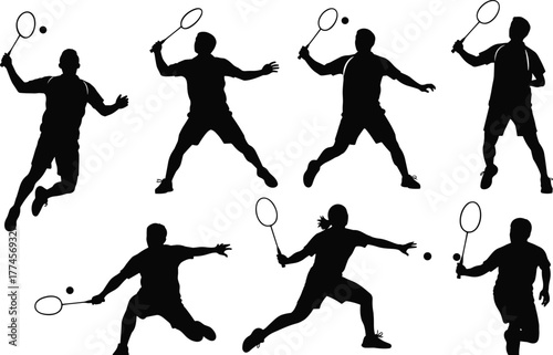 Badminton player silhouettes, action poses, racket swings, shuttlecock interaction, lunging, athletic motion, sports icon set, black illustration
