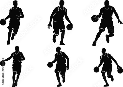 Basketball player silhouettes, action poses, dribbling, running, ball control, athletic motion, sports icon set, black illustration