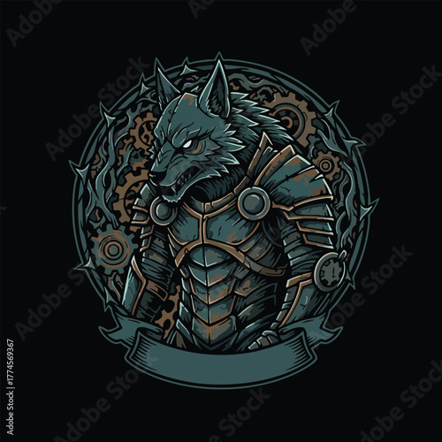 Warrior wolf in steampunk armor with gear background fantasy illustration art