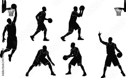 Basketball player silhouettes, action poses, dunking, dribbling, shooting, defending, celebrating, hoop interaction, sports icon set, black illustration