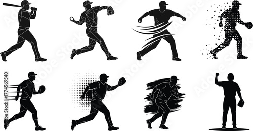 Stylized baseball player silhouettes, action poses, pitching, batting, running, throwing, motion effects, sports icon set, black illustration