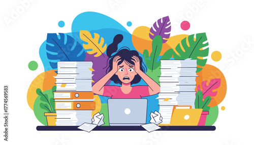 Businesswoman overwhelmed by paperwork and deadlines Stress anxiety and work overload concept
