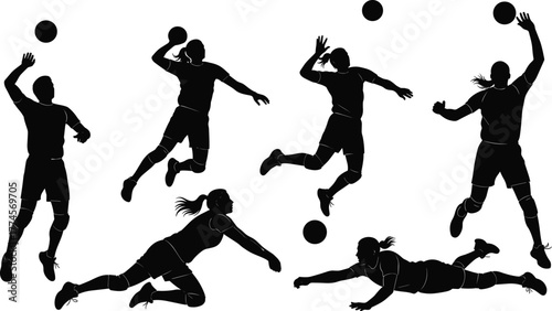 Volleyball player silhouettes, labeled roles, setter, digger, server, spiker, underhand pass, jump serve, sports icon set, black illustration