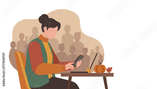 Professional working on a smartphone in a public space with autumn decor