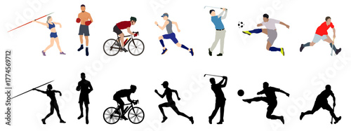 Sport people set with silhouette. Collection of different sport activity. Professional athlete vector illustrtion.