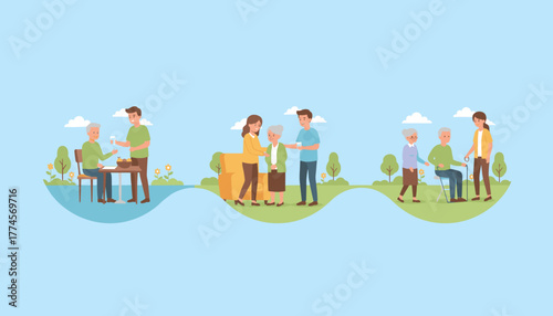 Young people assist and care for happy seniors outdoors Intergenerational family support and health