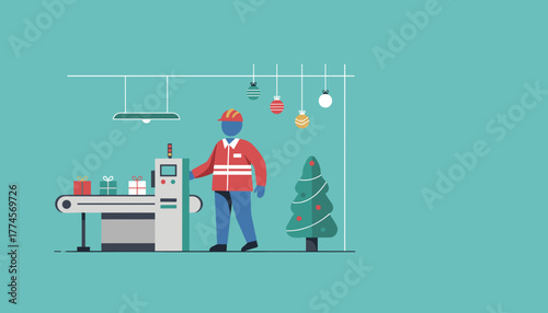 Seasonal factory production Worker packaging holiday gifts on a conveyor belt decorated for Christmas