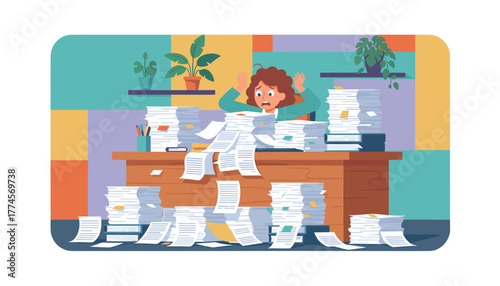Stressed woman overwhelmed by giant stacks of paperwork at the office desk Burnout concept