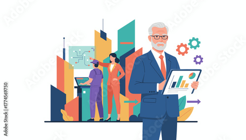 Business leaders and industrial workers collaborating on data technology and urban development planning