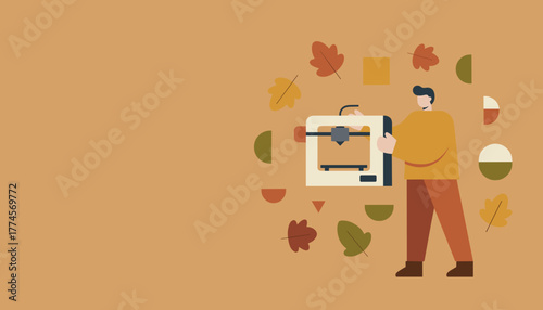 Man using 3D printer for modern technology production in autumn colors
