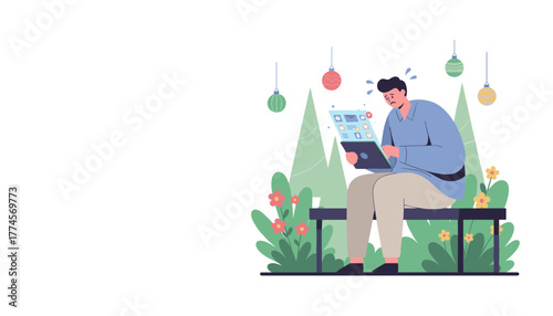 Digital stress Man overwhelmed by constant notifications and social media while trying to relax
