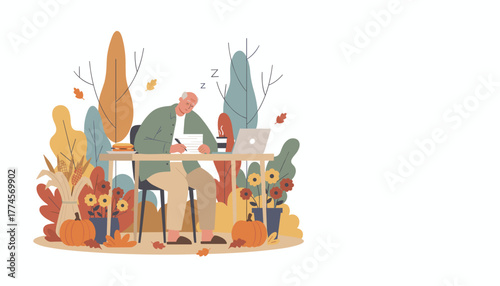 Tired senior man falls asleep while working or studying at an outdoor desk decorated for autumn