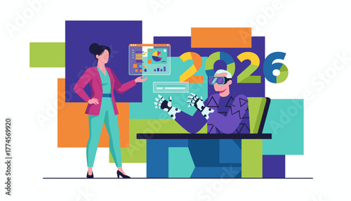 Futuristic business collaboration in 2026 Analyzing data using VR goggles and robotic interface