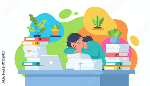 Woman suffering burnout sleeping on piles of paperwork and files at her office desk