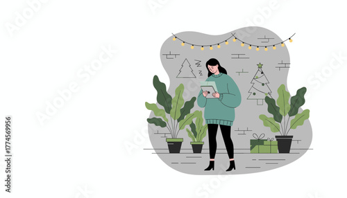 Holiday stress concept Woman scrolls sadly on a screen near plants lights and Christmas decor