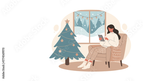 Cozy woman uses tablet by Christmas tree enjoying warm digital comfort while snow falls outside