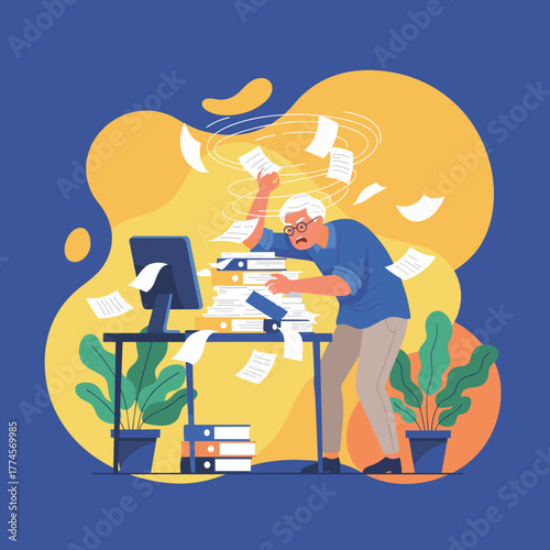 Senior worker stressed and overwhelmed by chaotic paperwork and excessive office workload