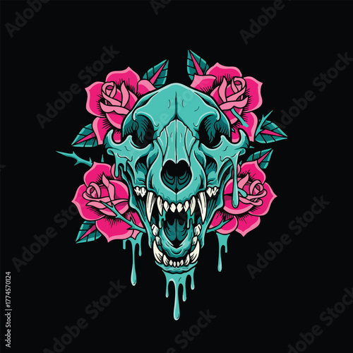 eerie canine skull with blooming roses in a surreal gothic design style