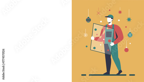 Worker holding glass pane among Christmas decorations Winter service repair or holiday construction