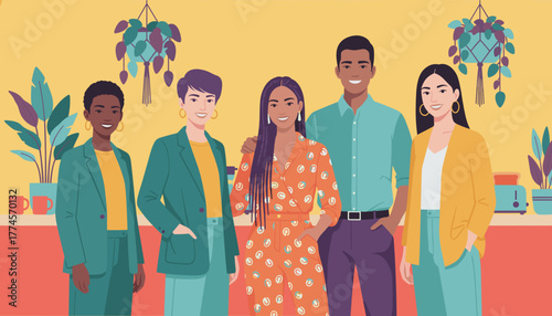 Diverse team of smiling business professionals standing in a bright modern office space