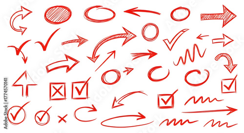 Collection of hand drawn red arrows checkmarks and circles isolated on transparent background