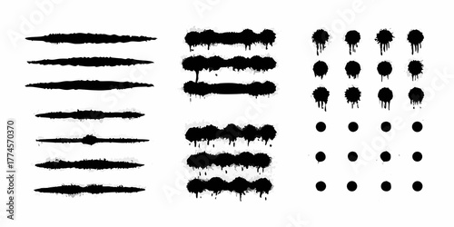 Collection of black spray paint splatters drips and grunge brush stroke elements on white background