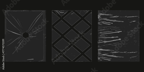 Three abstract dark textured backgrounds with cracked glass diamond pattern and scratched surfaces