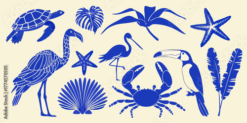Collection of blue tropical animals and plants silhouettes on a cream background