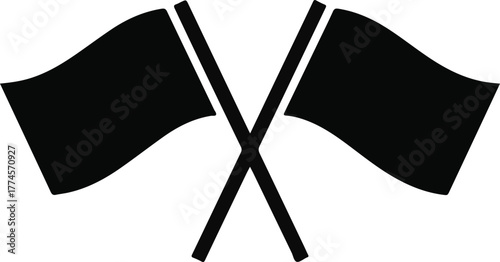 Two Waving Black Flags Crossed on White Background Keywords: flag, icon, symbol, crossed, black