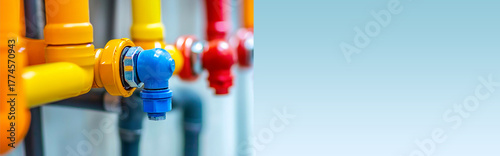 a network of pipes and a large valve, painted colorfully to denote function. industrial pipes valve engineering factory. wide banner industrial pipes
