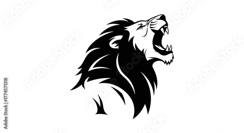 Stylized Black and White Illustration of Roaring Lion Head in Profile – Symbol of Strength, Power, and Leadership with Flowing Mane