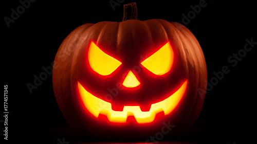 Glowing Halloween Pumpkin with Sinister Smile on Dark Eerie Background, Carved Jack-o'-lantern for Spooky Celebration