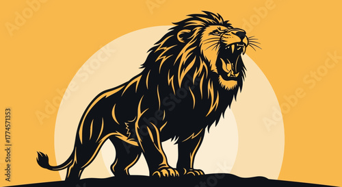 Roaring Lion Silhouette – Bold Black and Gold Illustration of Strength and Majesty Against Sunlit Backdrop