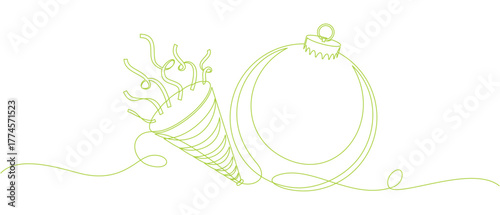 New year bugle with confetti and christmas balls in line art style