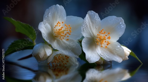 Wallpaper Mural Delicate white jasmine flowers with water droplets reflecting Torontodigital.ca