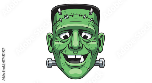 Cartoon Frankensteins Monster Head with Bolts and Stitches.